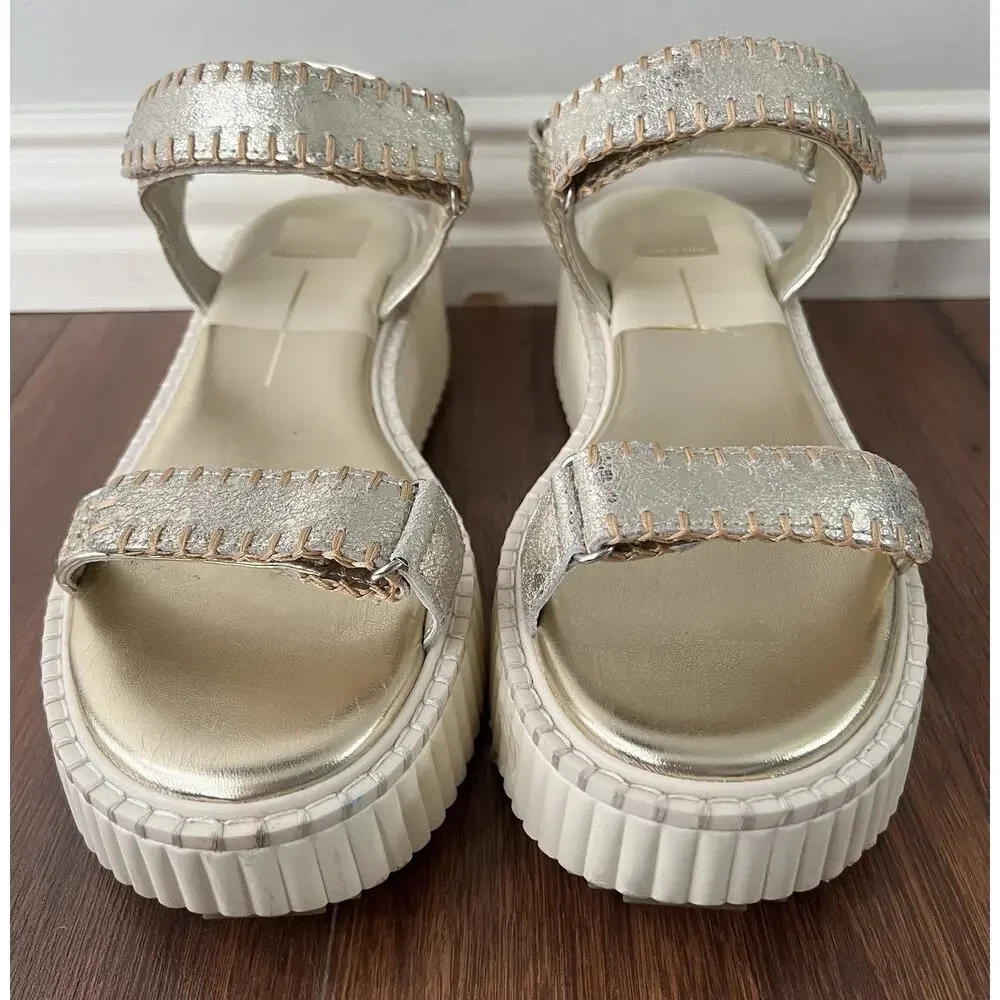 DOLCE VITA Silver Distressed Leather Debra Platform Sandals Shoes Sz 9.5